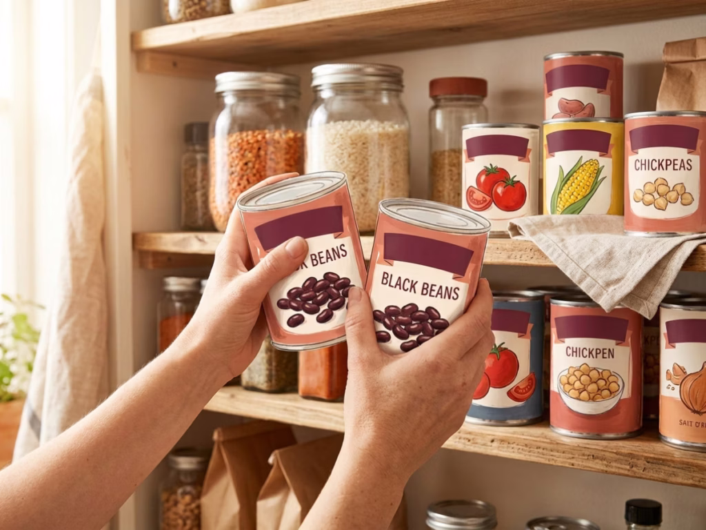 Hands pulling canned goods to the front of a pantry shelf to check for duplicates