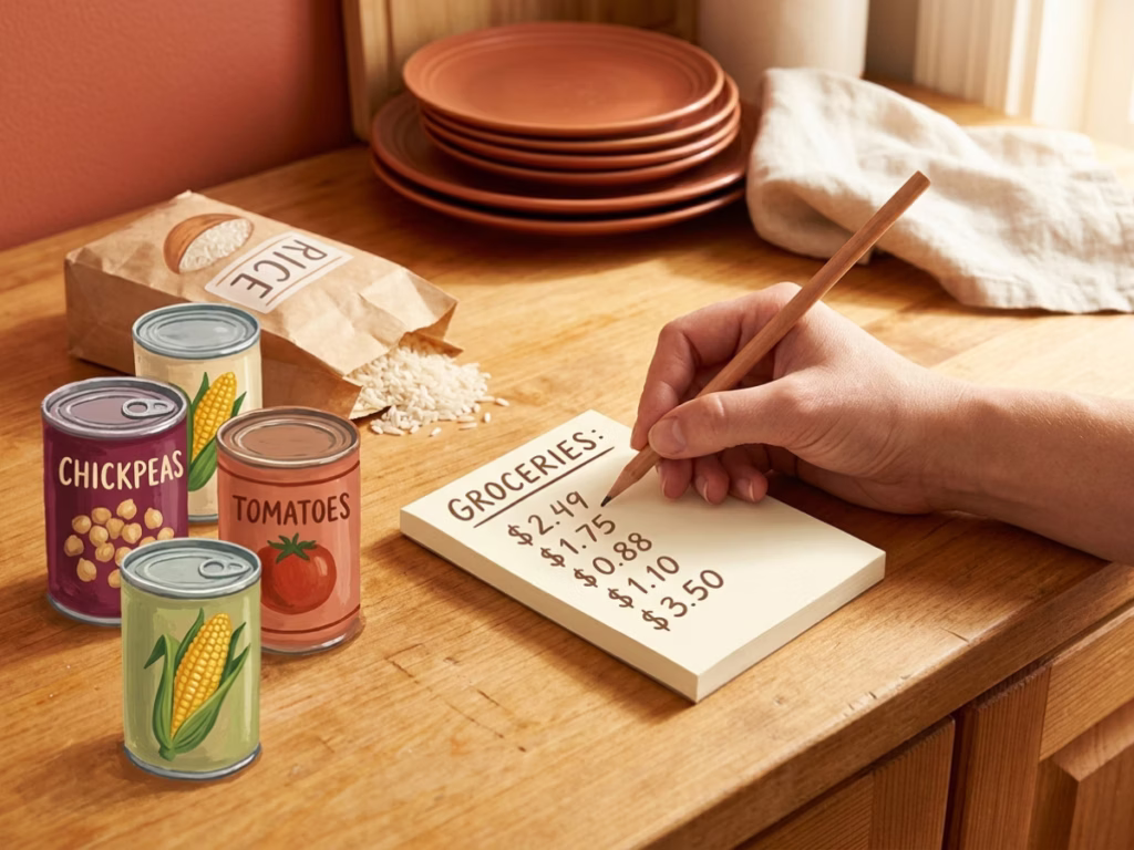 Hand writing a quick pantry value tally on a notepad beside canned goods on a kitchen counter