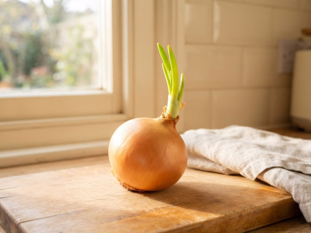Close-up of a sprouted yellow onion on a wooden cutting board showing green shoots