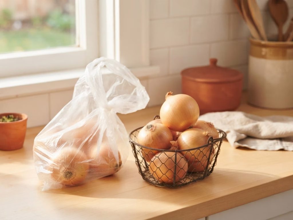 Hands transferring whole onions from a plastic bag into a wire basket on a bright kitchen counter
