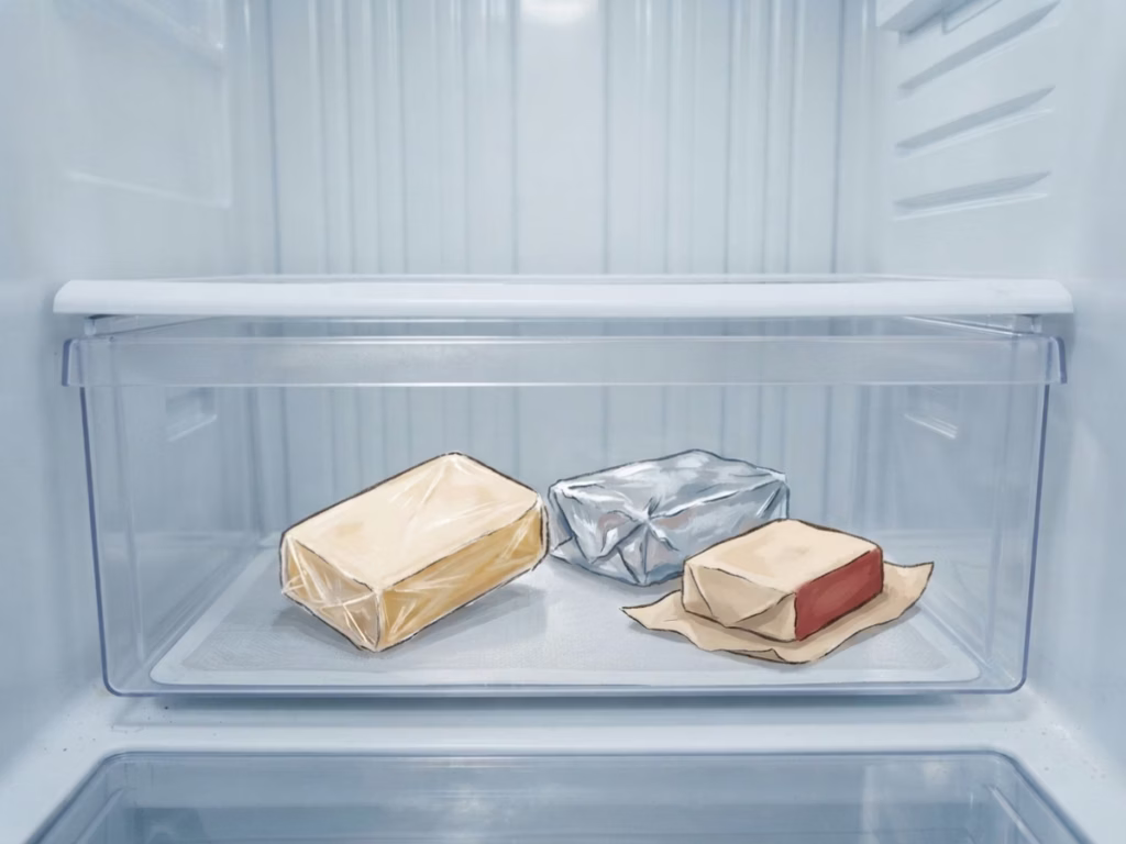 Open fridge cheese drawer holding wrapped blocks of cheese, viewed straight-on in bright kitchen light