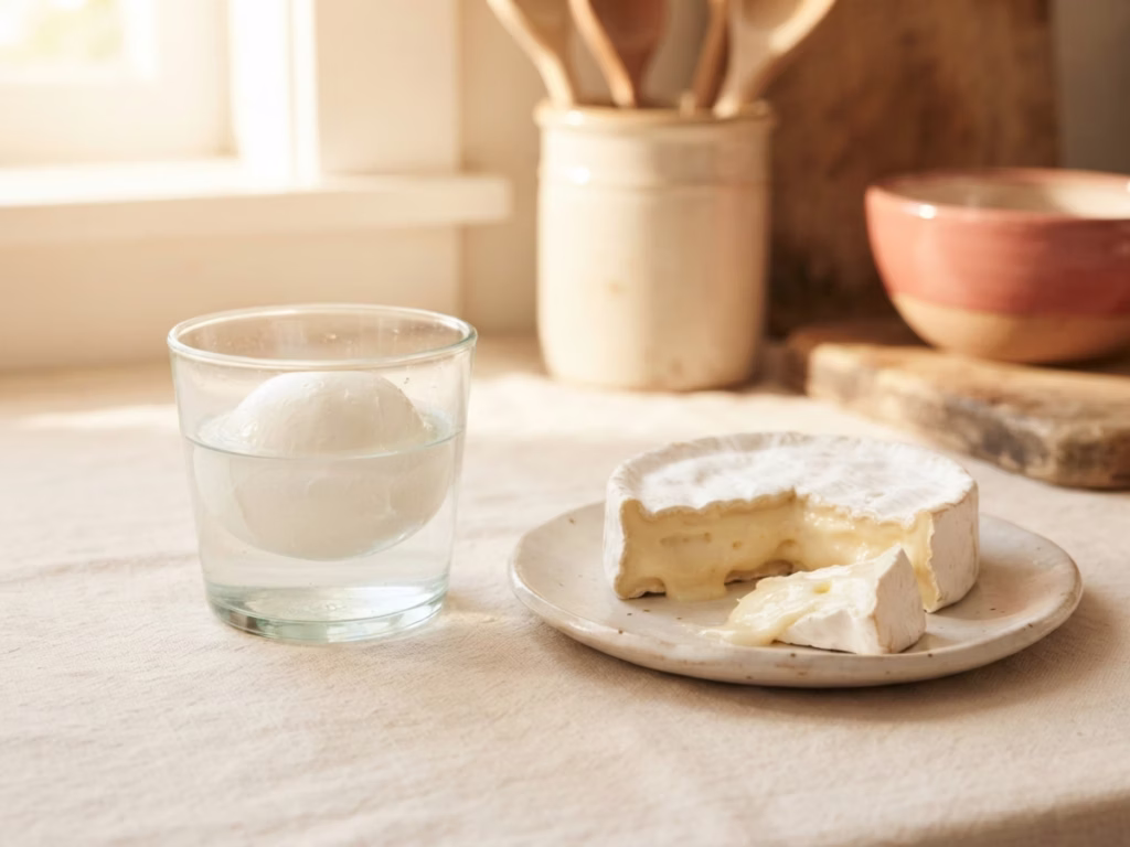 Fresh mozzarella ball in water container next to a cut wedge of brie on a light countertop