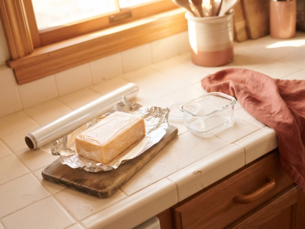 Double-wrapped cheese block next to a small sealed container and a roll of plastic wrap on a sunny kitchen counter