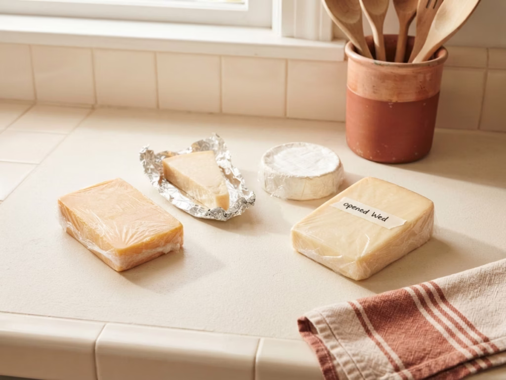 Several cheese blocks on a kitchen counter with a masking tape date label, rewrapped and ready to go back in the fridge