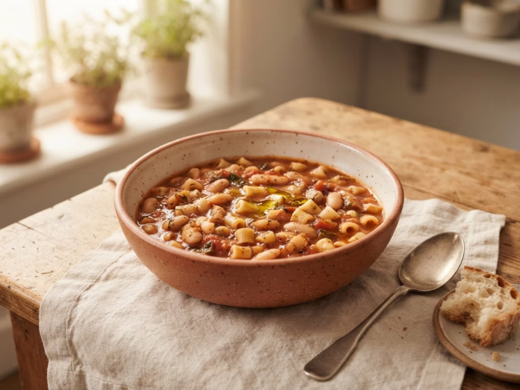 Bowl of pasta e fagioli with white beans and tomato broth on a rustic kitchen table