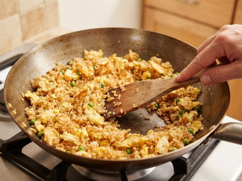 Close-up of fried rice with egg and green peas crisping in a pan on a home stovetop