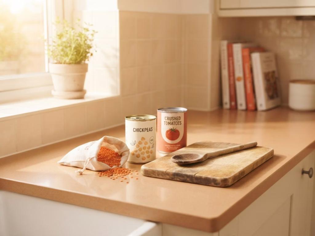 Bright kitchen counter with cans of chickpeas and bags of lentils arranged as ingredients ready to cook, not forgotten clutter