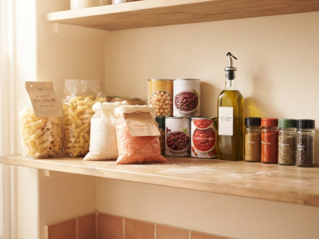 Organized pantry shelf with dried pasta, canned beans, rice, olive oil, and spice jars, a practical weeknight pantry