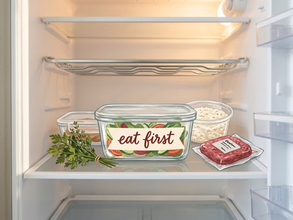 Refrigerator shelf organized with a clear use-first zone, leftovers and fresh produce in front, bright light