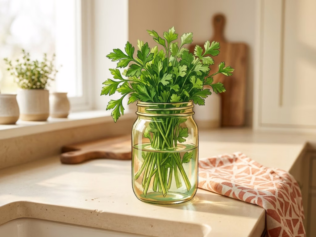 Fresh herbs standing in a glass of water on a sunny kitchen counter, bright morning light, food storage tip