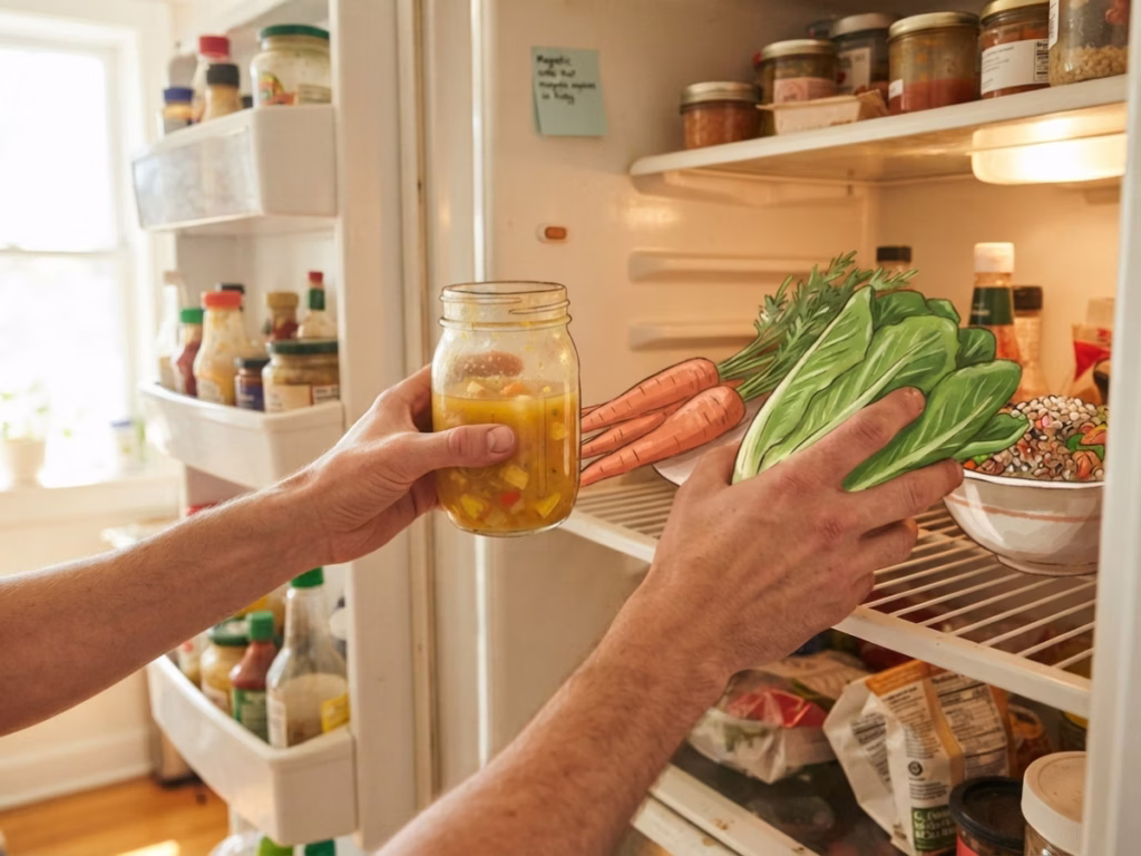 Hands pulling food to front of refrigerator during a pantry audit, bright kitchen light, real home fridge