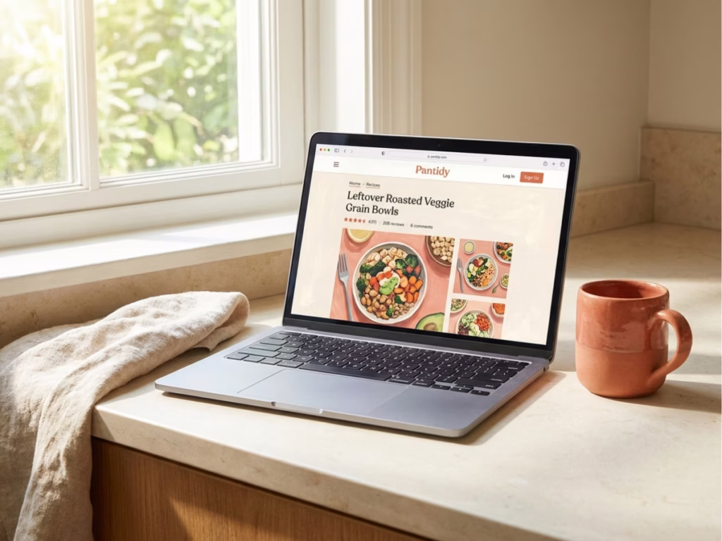 Laptop open on a recipe website sitting on a bright kitchen counter with a cup of coffee nearby