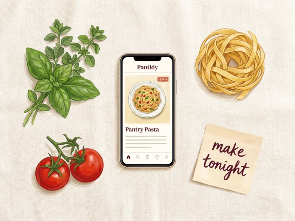 Overhead flatlay of a phone on a kitchen counter surrounded by fresh pasta ingredients and a handwritten note
