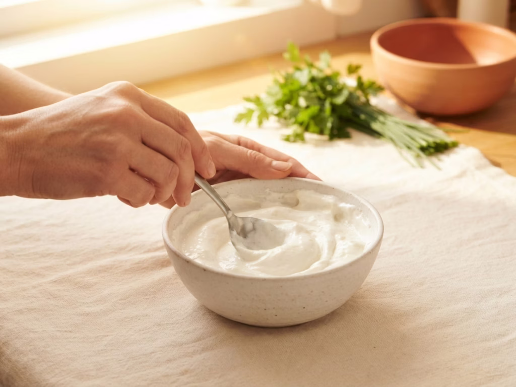Hands stirring creamy dip in a bowl with a spoon, casual kitchen counter setting