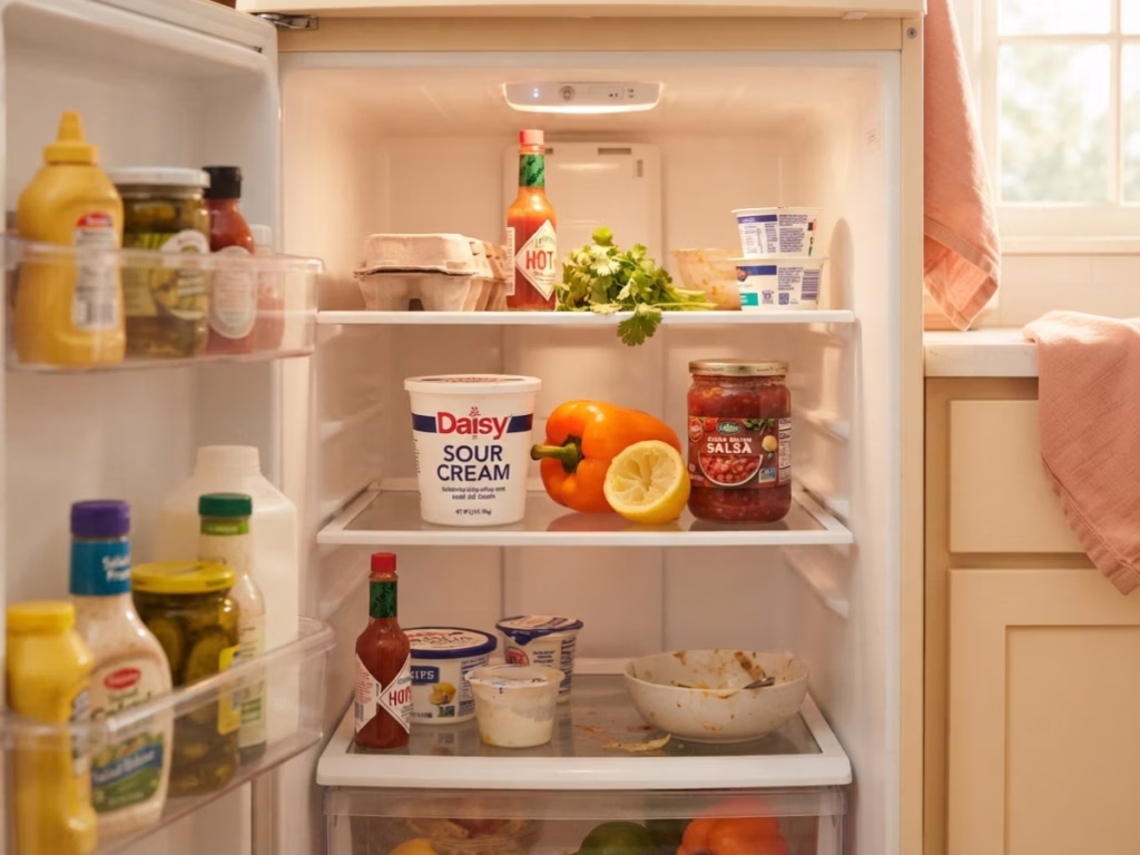 Open refrigerator interior with a sour cream container visible on the shelf, bright and organized