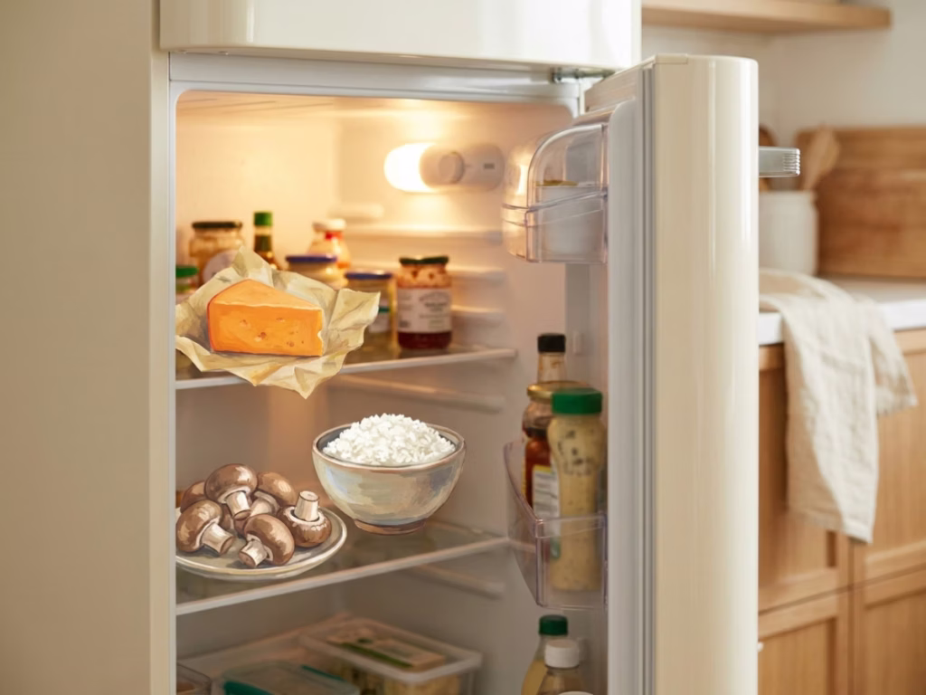Open refrigerator with a few leftover ingredients including cheese, mushrooms, and rice, the random-fridge reality