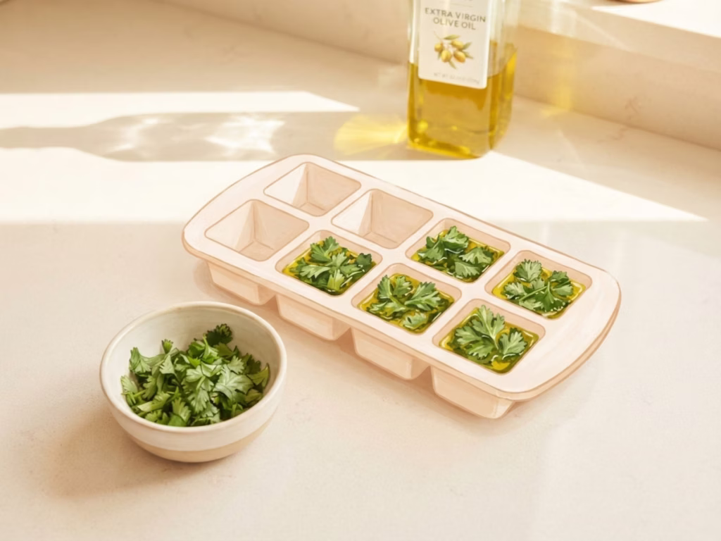 Ice cube tray filled with chopped cilantro and olive oil on a sunny kitchen counter, ready to freeze