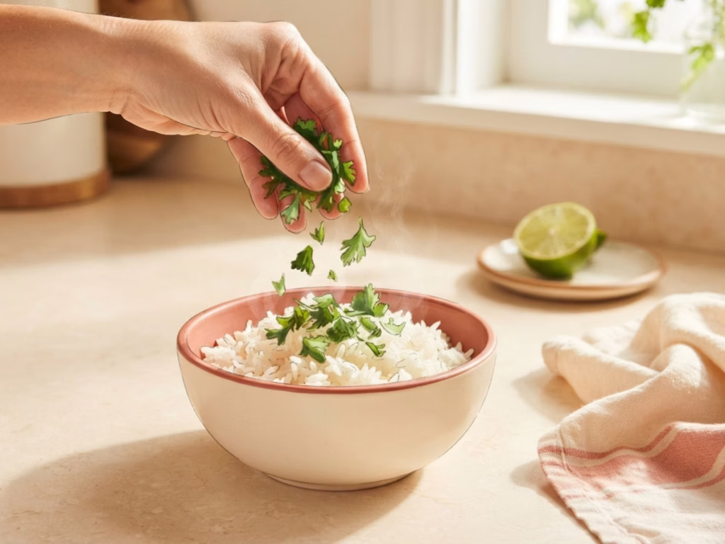Hand sprinkling fresh chopped cilantro over a bowl of rice or tacos as a quick finishing herb